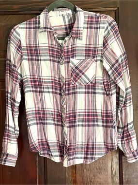 Maurices Plaid Button-Down Shirt in White, Red, and Gray